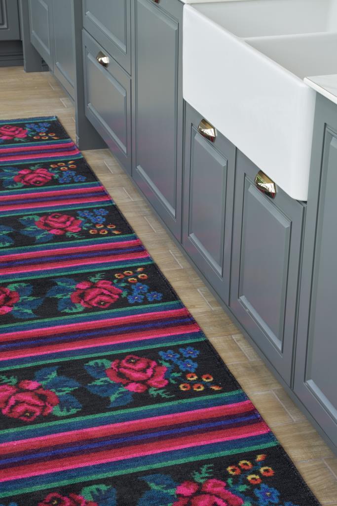 Gravity Washable Fringed Floral Pattern Thin Rug 2306