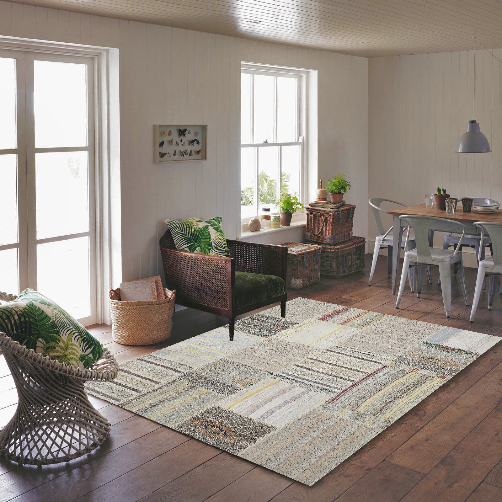 Stipred Over Dyed Rug | Patchwork Rug | Turkish Rug | Hand Weaving Rug | Bedroom Rug | Wool Rug | Vintage Rug | Overdyed Rug | Striped Rug | Naturel Rug | Beige Rug | Boho Rug | 5'3'' x 7'7'' ft 160 x 230 cm
