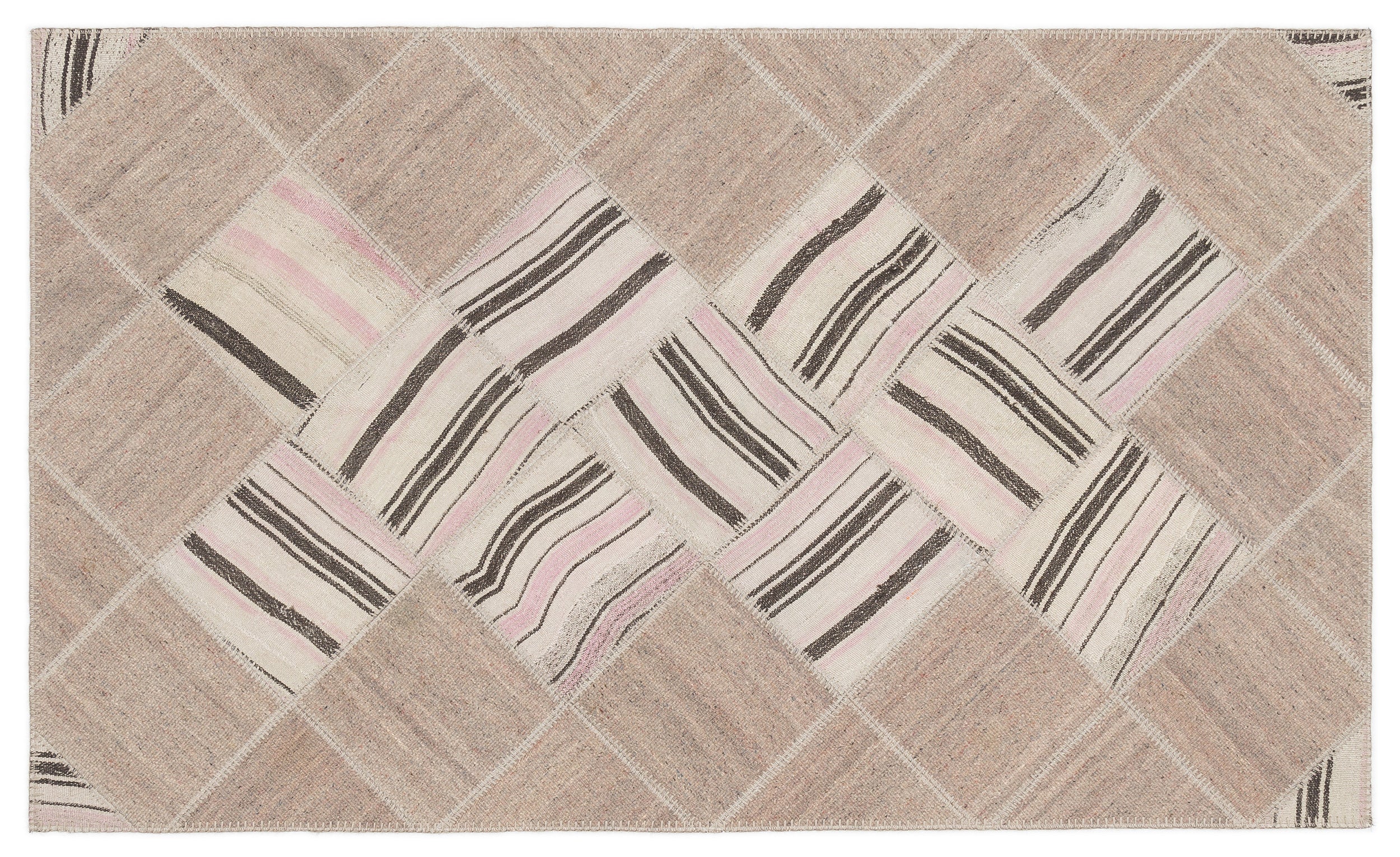 Striped Over Dyed Kilim Patchwork Unique Rug 4'4'' x 7'3'' ft 133 x 222 cm