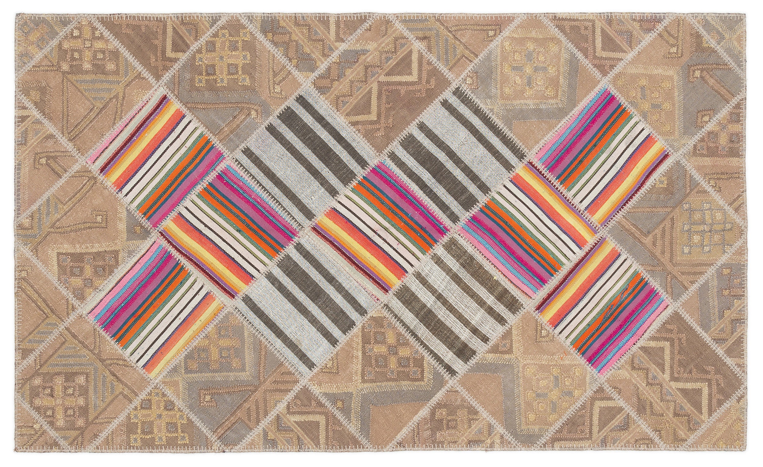 Striped Over Dyed Kilim Patchwork Unique Rug 4'4'' x 7'3'' ft 132 x 222 cm