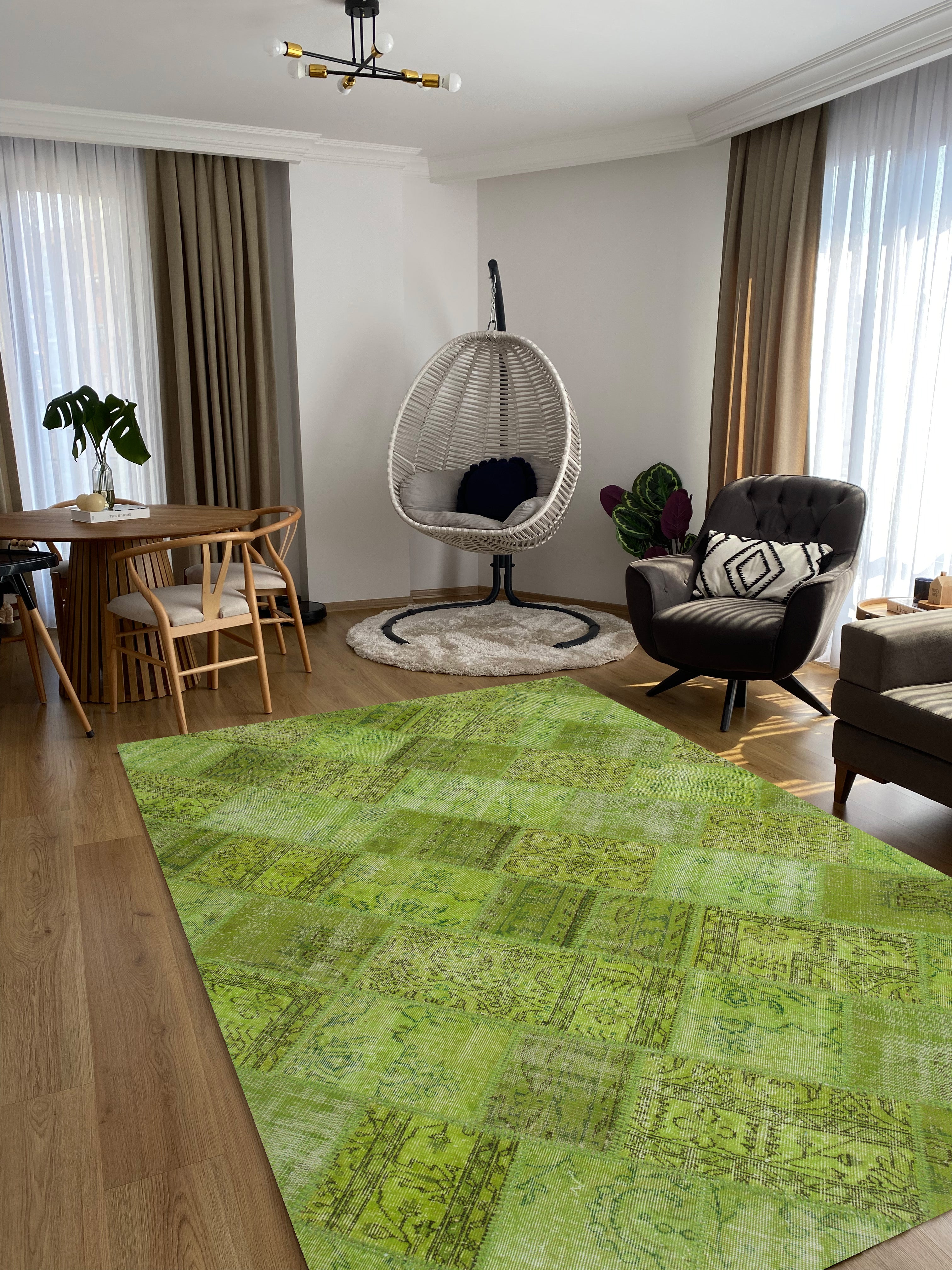 Green Over Dyed Rug I Patchwork Rug | Turkish Rug | Hand Weaving Rug | Bedroom Rug | Wool Rug | Vintage Rug | Tumbled Rug | Naturel Rug | Boho Rug I 6'3'' x 9'4'' ft 191 x 285 cm