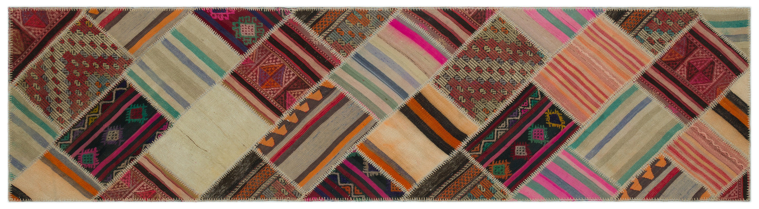 Striped Over Dyed Kilim Patchwork Unique Rug 2'9'' x 10'4'' ft 85 x 316 cm