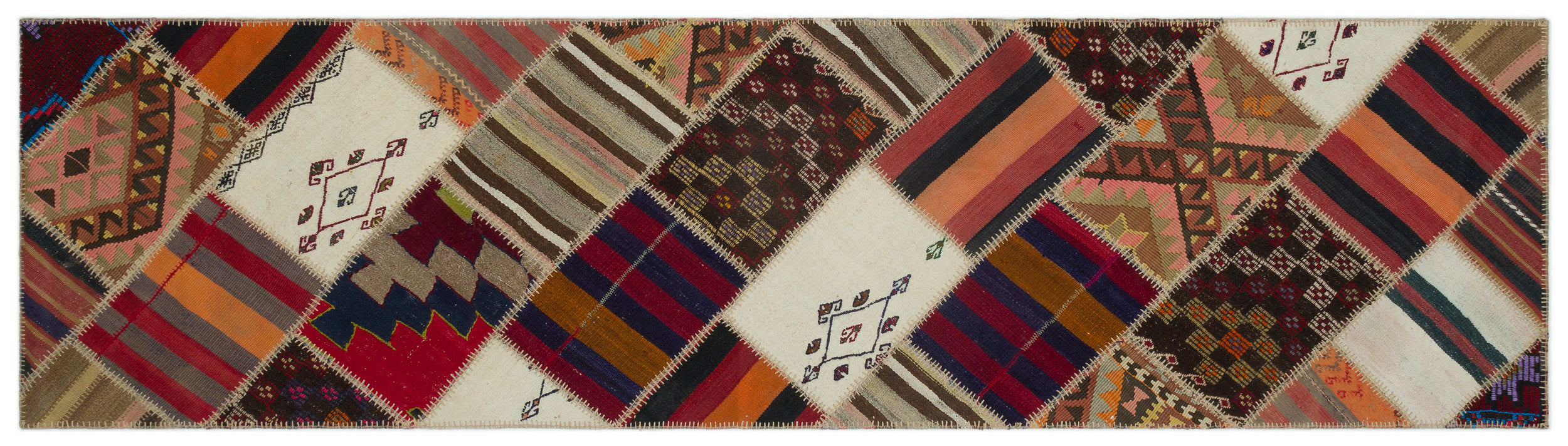 Striped Over Dyed Kilim Patchwork Unique Rug 2'8'' x 9'11'' ft 81 x 301 cm