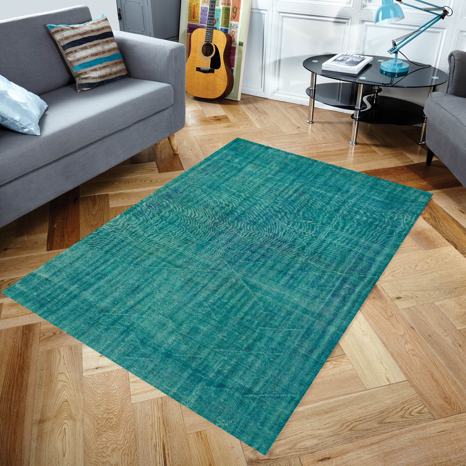 Turquoise Over Dyed Rug I Plain Rug | Turkish Rug | Hand Weaving Rug | Living Room Rug | Wool Rug | Vintage Rug | Tumbled Rug | Naturel Rug | Boho Rug I 6'2'' x 9'9'' ft 187 x 298 cm