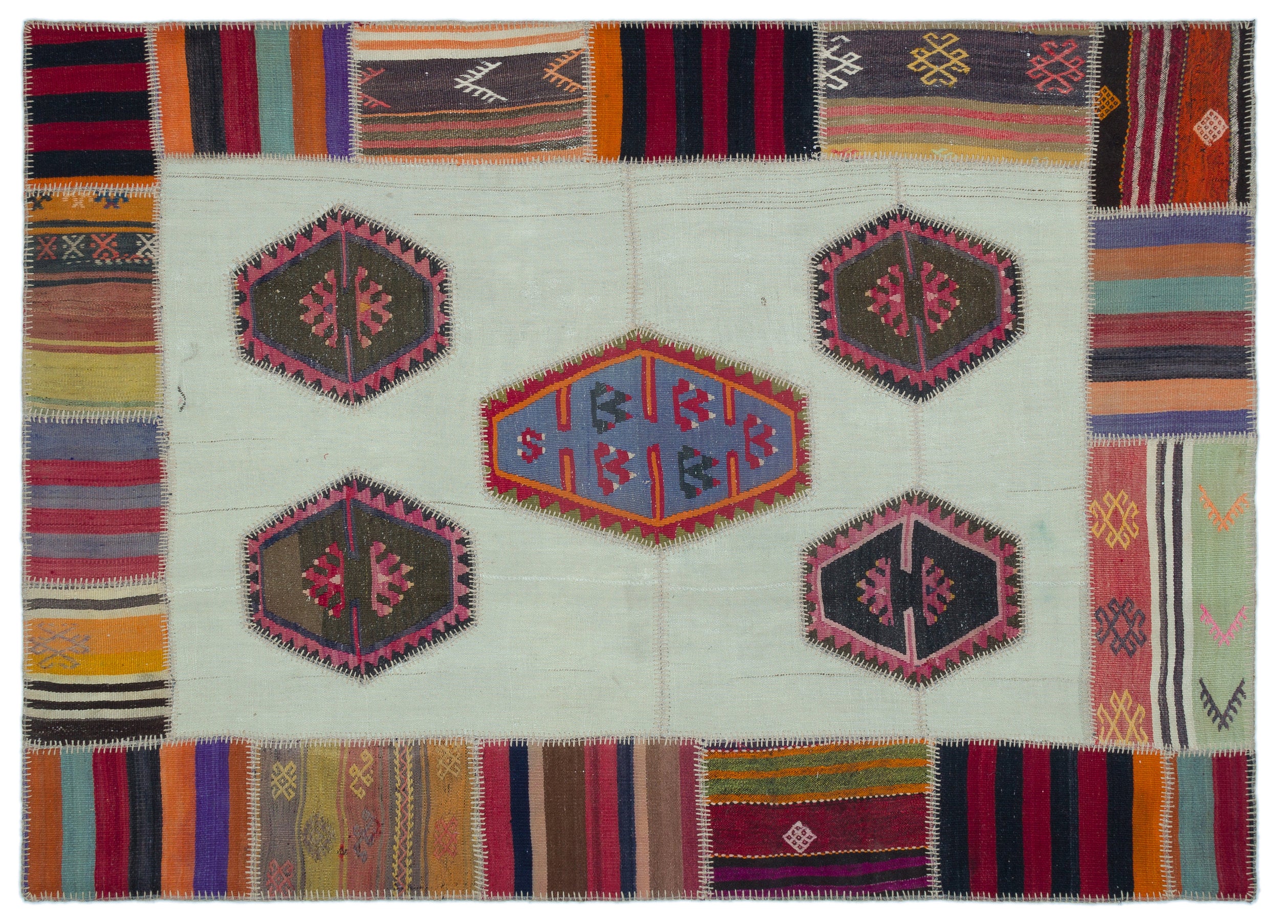 Naturel Over Dyed Kilim Patchwork Unique Rug 5'4'' x 7'5'' ft 162 x 227 cm