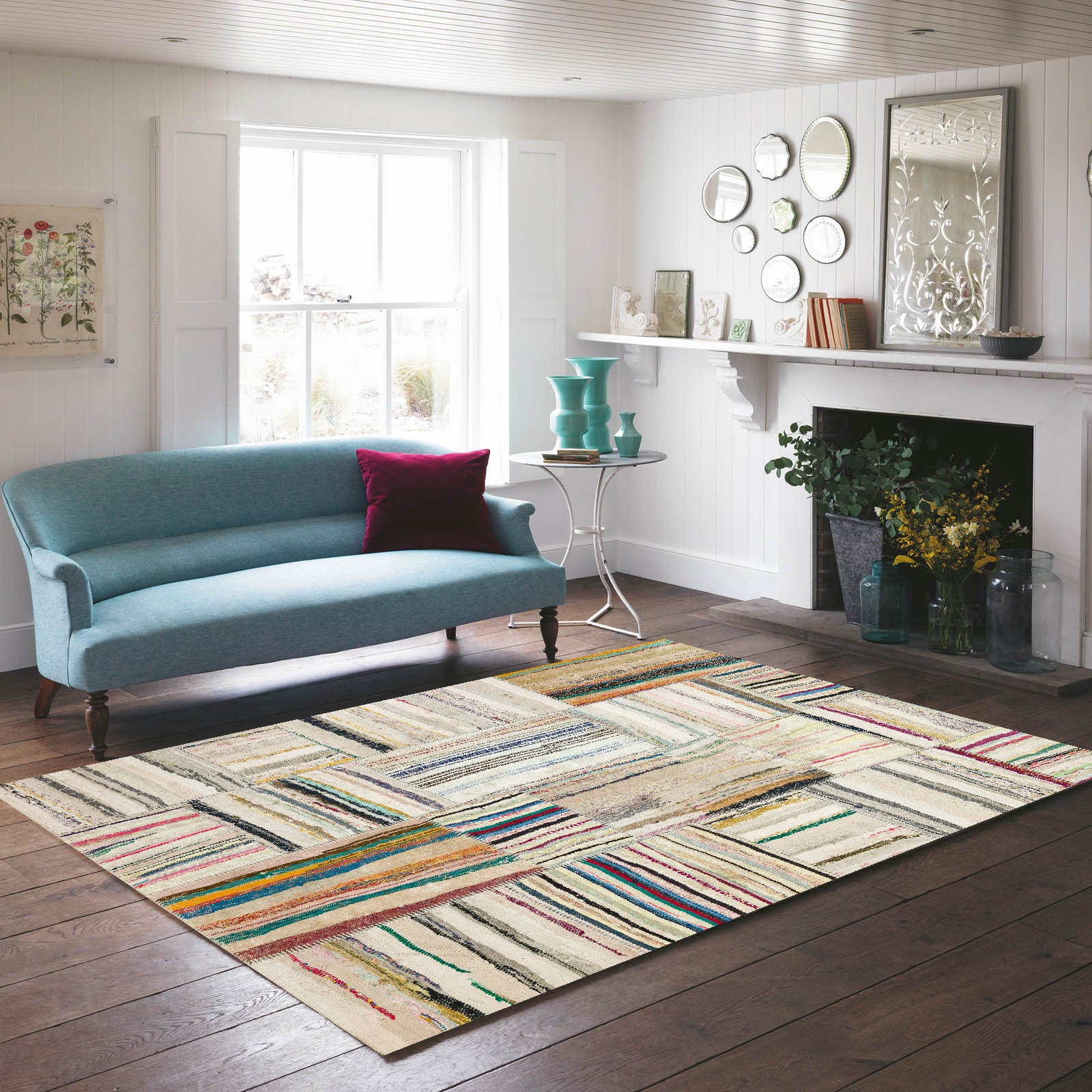 Striped Over Dyed Rug | Kilim Patchwork | Turkish Rug | Hand Weaving Rug | Bedroom Rug | Wool Rug | Vintage Rug | Tumbled Rug | Naturel Rug | Boho Rug I Colored Rug I 5'2'' x 7'7'' ft 157 x 232 cm