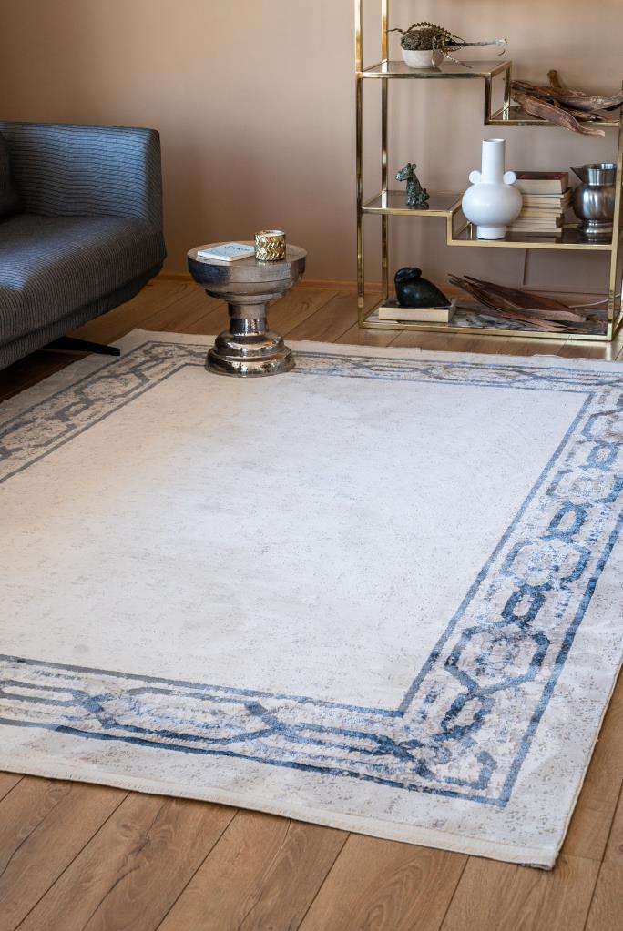 Riena Thin Gray and Blue Kitchen Rug with Washable Non-Slip Base 1131