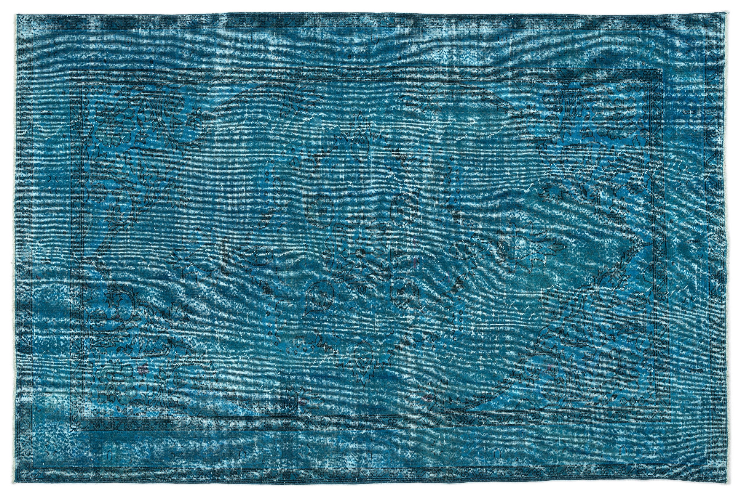 Traditional Design Turquoise Over Dyed Vintage Rug 6'2'' x 9'4'' ft 187 x 285 cm