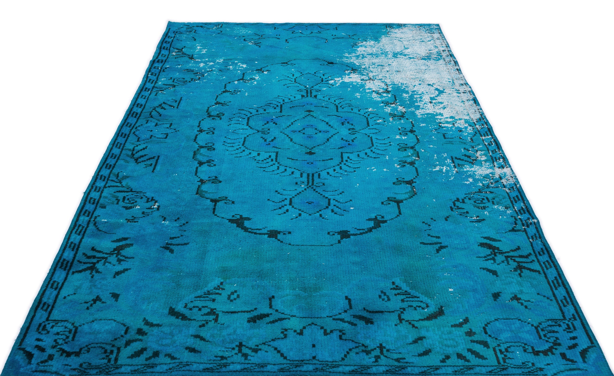 Turquoise  Over Dyed Vintage Rug 5'1'' x 9'3'' ft 156 x 282 cm