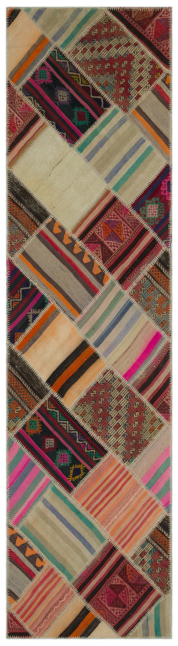 Striped Over Dyed Kilim Patchwork Unique Rug 2'9'' x 10'4'' ft 85 x 316 cm