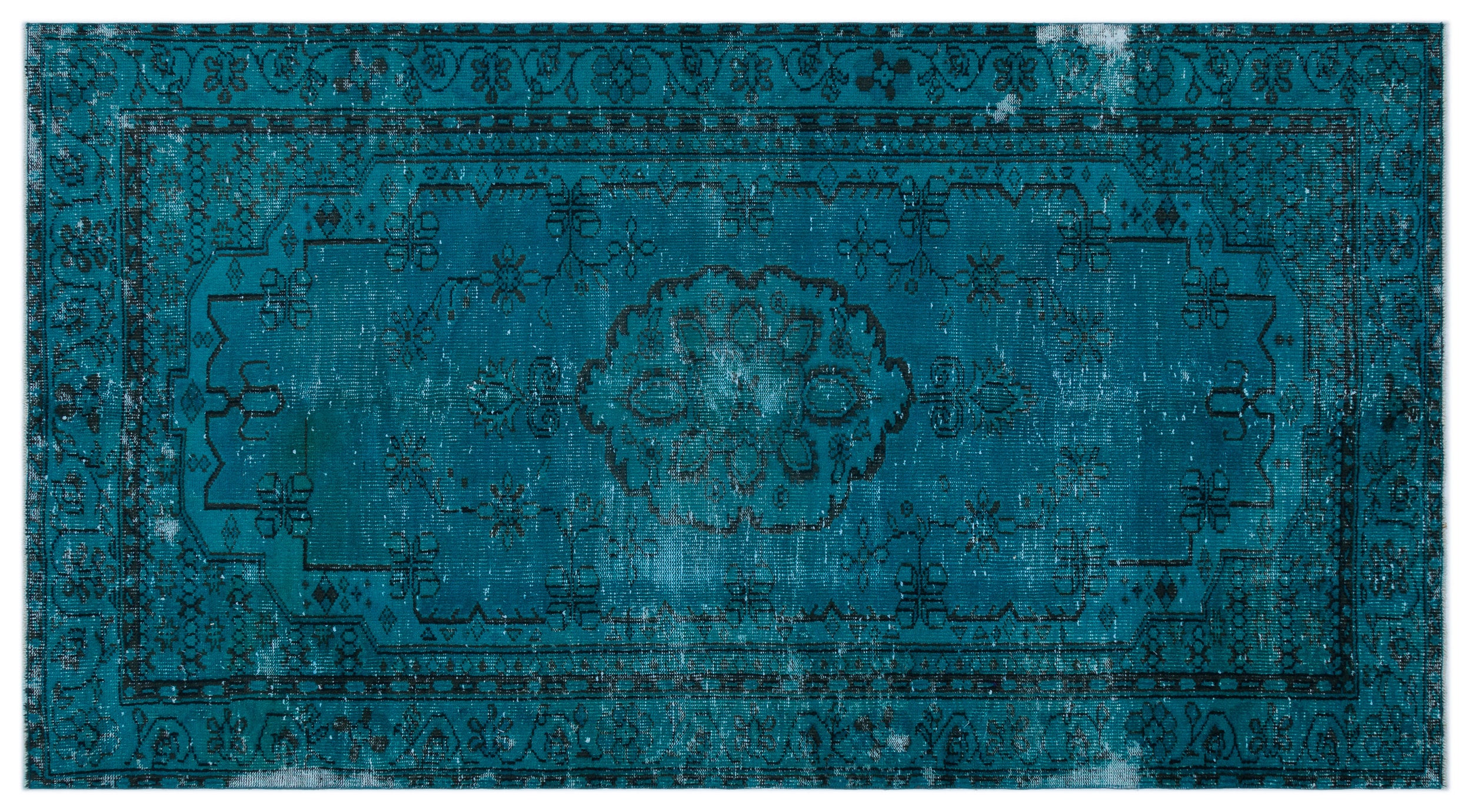 Turquoise  Over Dyed Vintage Rug 4'12'' x 9'3'' ft 152 x 283 cm