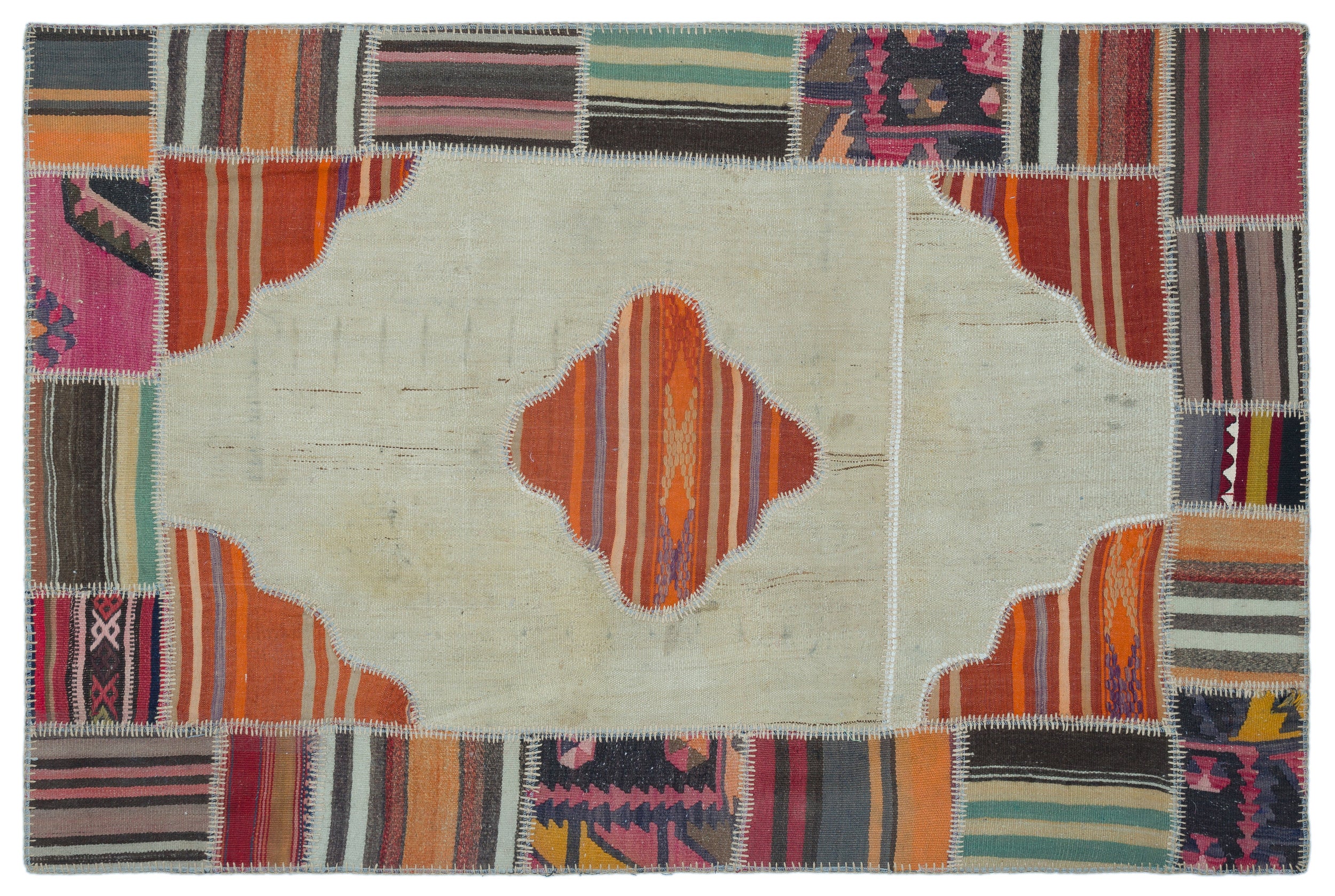 Naturel Over Dyed Kilim Patchwork Unique Rug 3'11'' x 5'11'' ft 120 x 181 cm