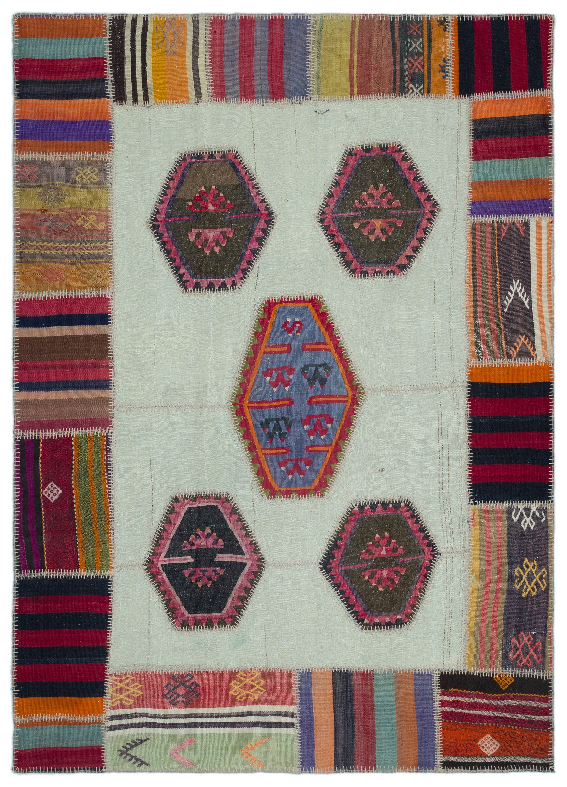Naturel Over Dyed Kilim Patchwork Unique Rug 5'4'' x 7'5'' ft 162 x 227 cm