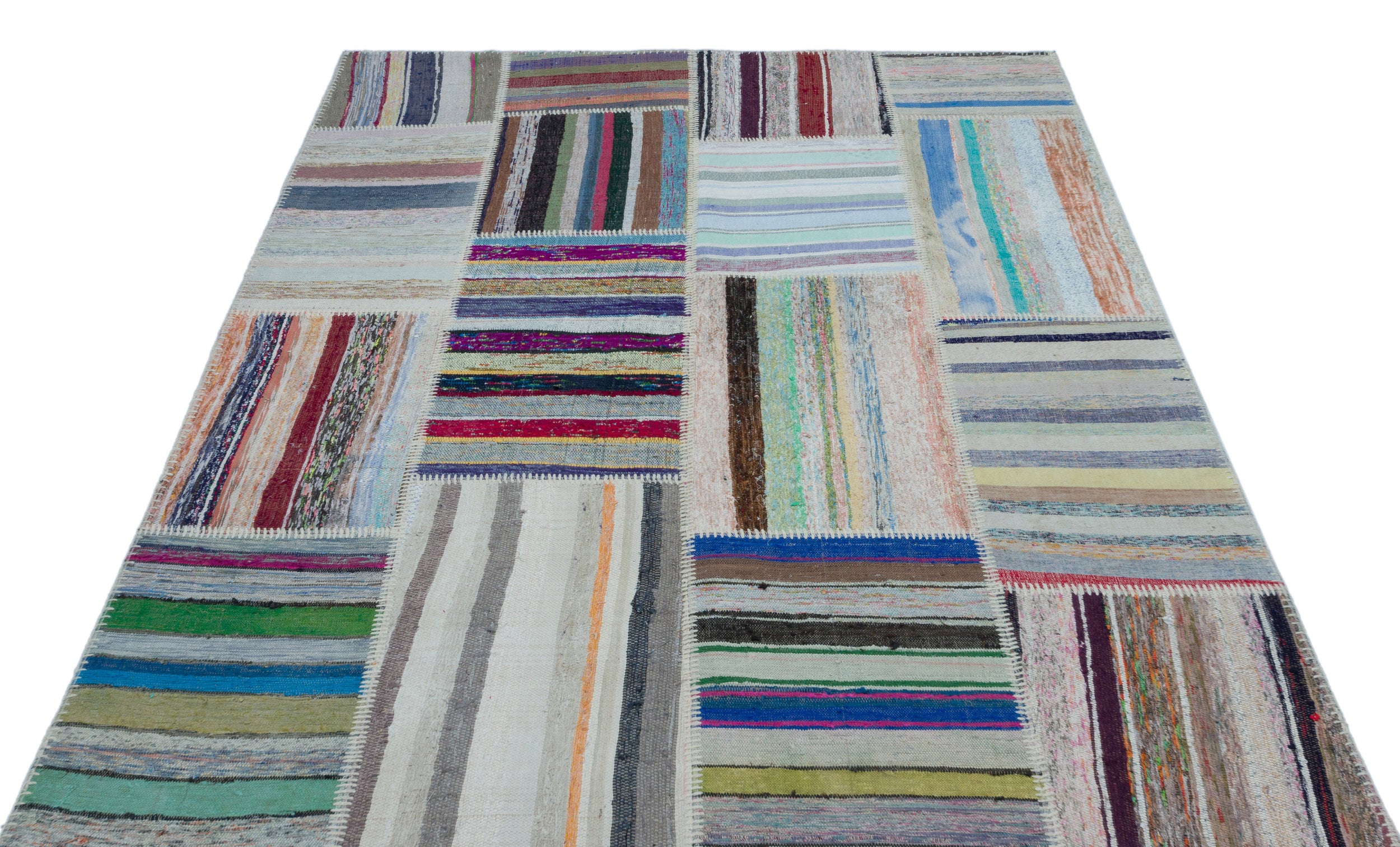 Striped Over Dyed Kilim Patchwork Unique Rug 5'2'' x 7'3'' ft 157 x 220 cm