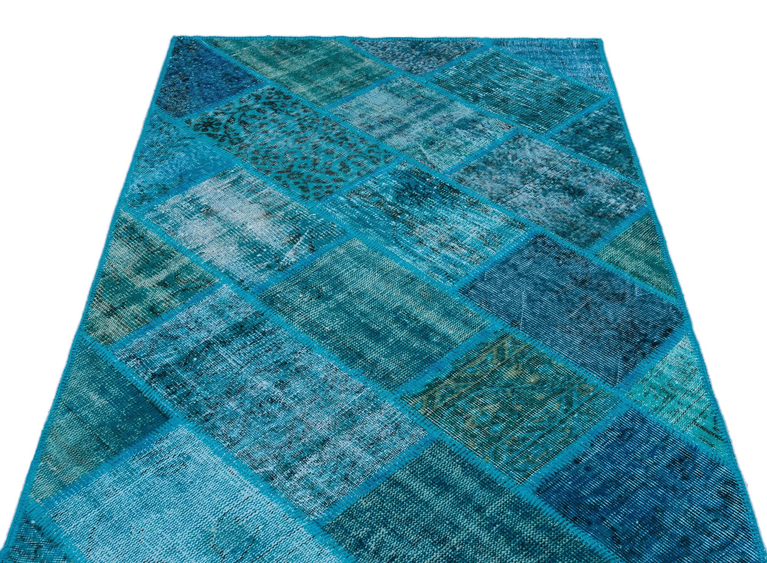 Turquoise  Over Dyed Patchwork Unique Rug 3'11'' x 5'11'' ft 120 x 180 cm