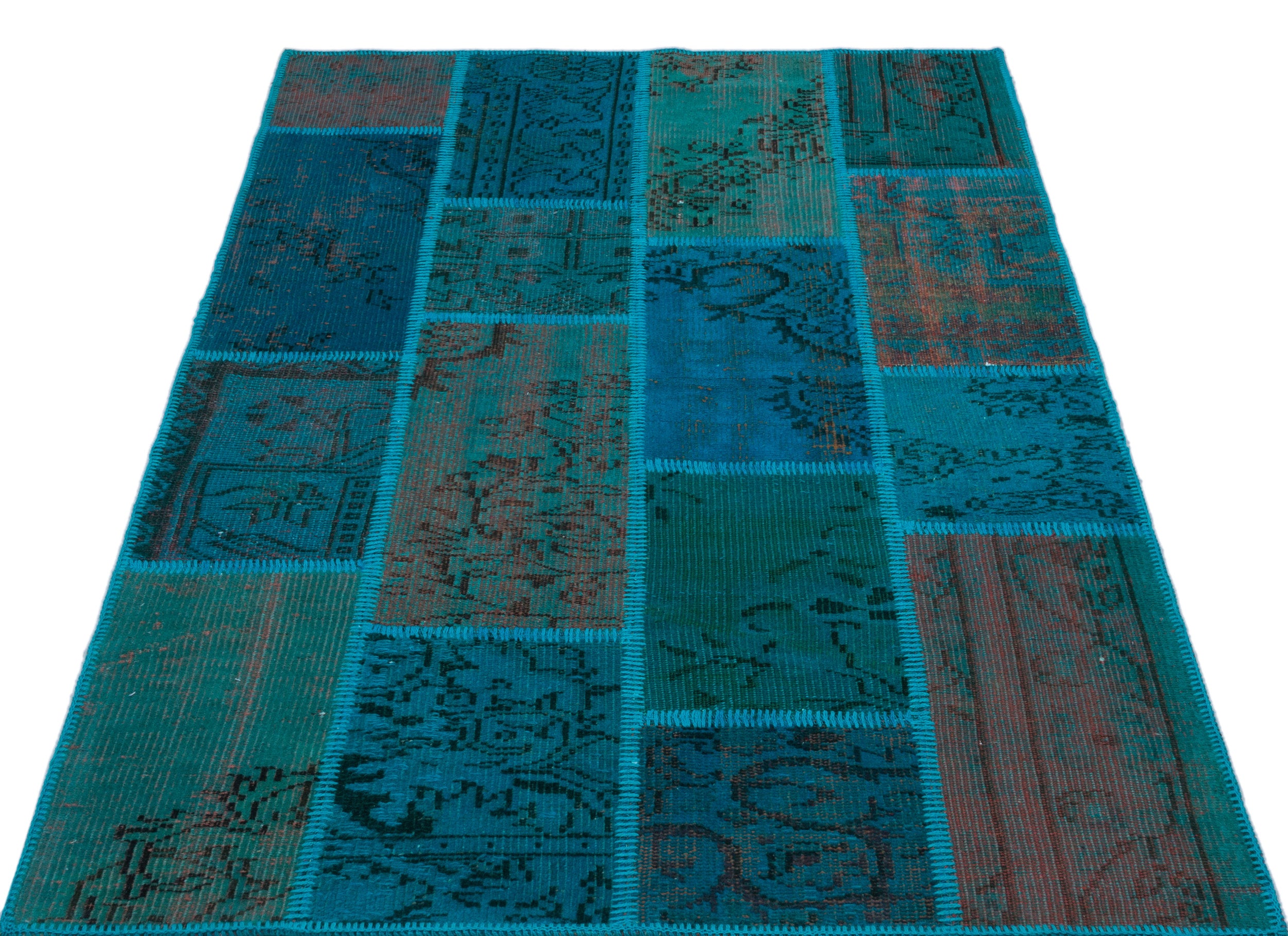 Turquoise  Over Dyed Patchwork Unique Rug 3'11'' x 5'11'' ft 120 x 180 cm