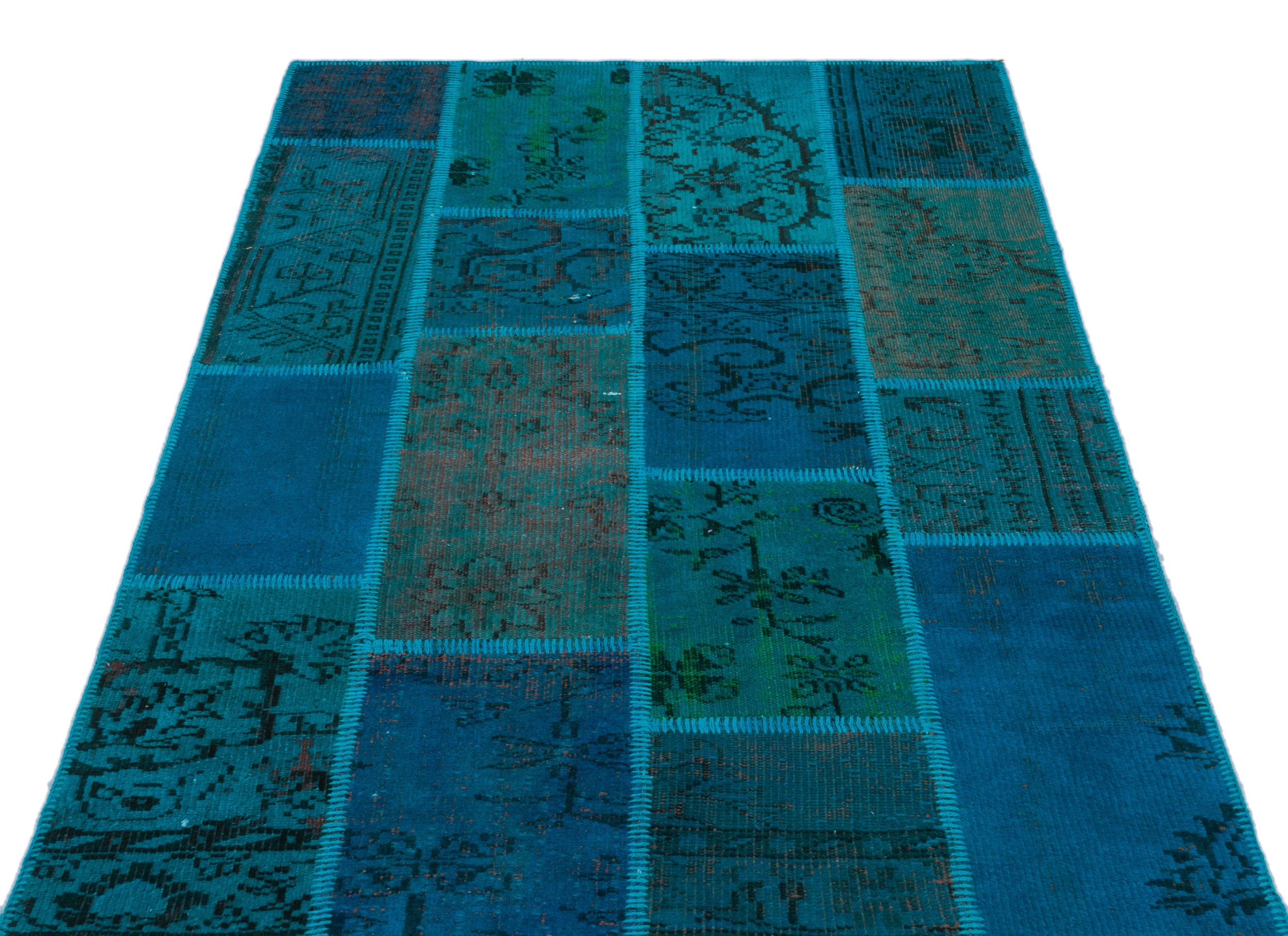 Turquoise  Over Dyed Patchwork Unique Rug 3'11'' x 5'11'' ft 120 x 180 cm
