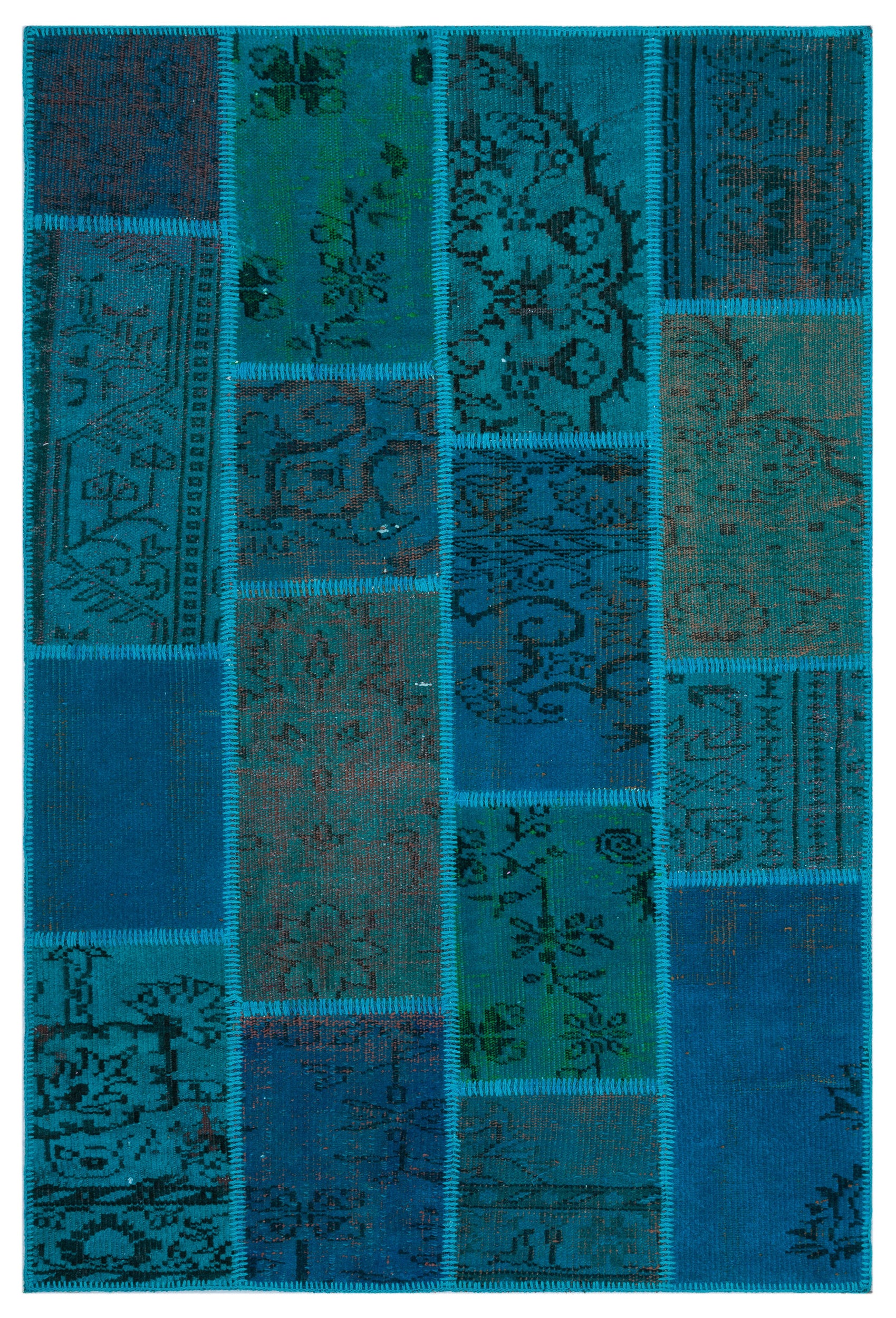 Turquoise  Over Dyed Patchwork Unique Rug 3'11'' x 5'11'' ft 120 x 180 cm