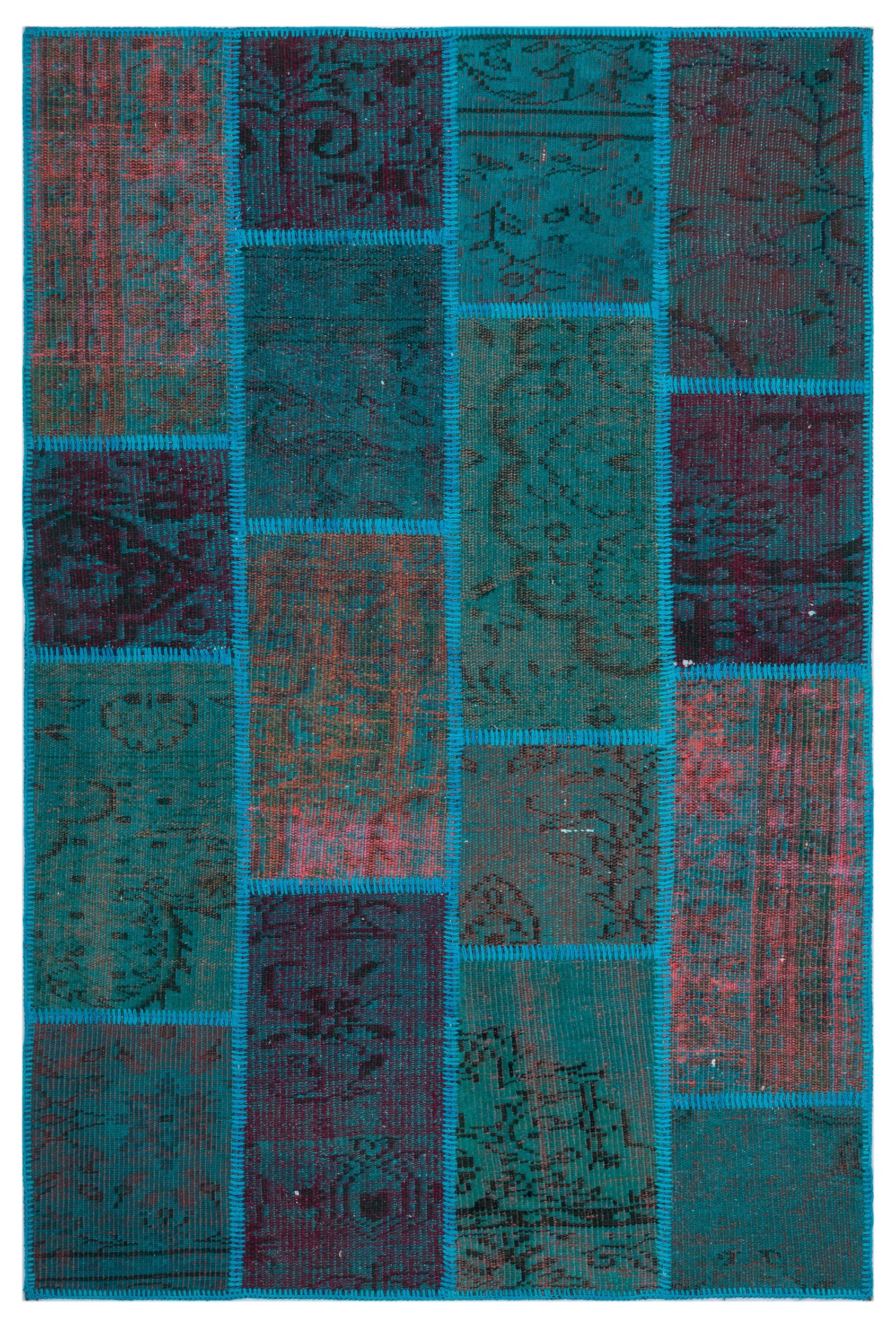 Turquoise  Over Dyed Patchwork Unique Rug 3'11'' x 5'11'' ft 120 x 180 cm