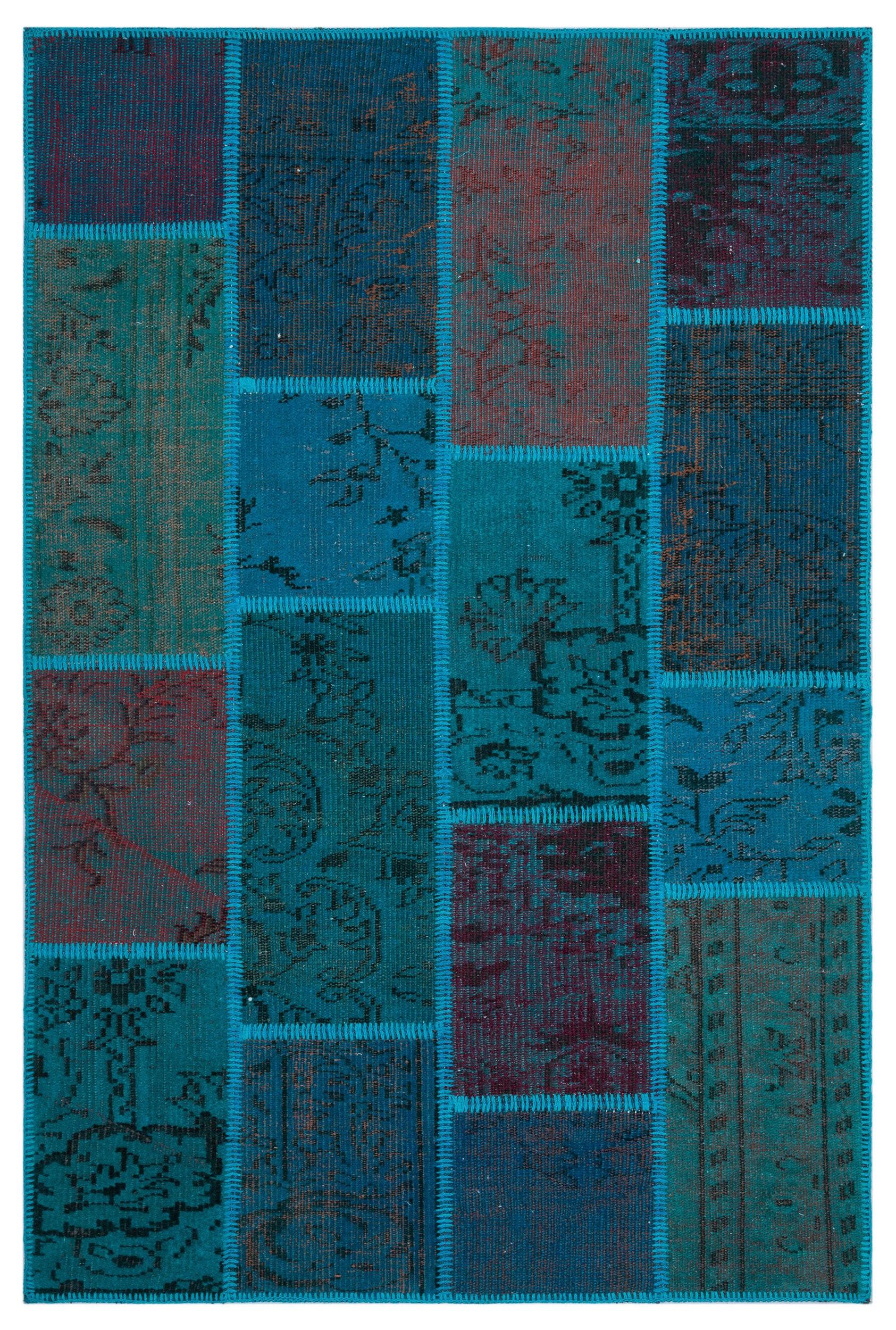 Turquoise  Over Dyed Patchwork Unique Rug 3'11'' x 5'11'' ft 120 x 180 cm