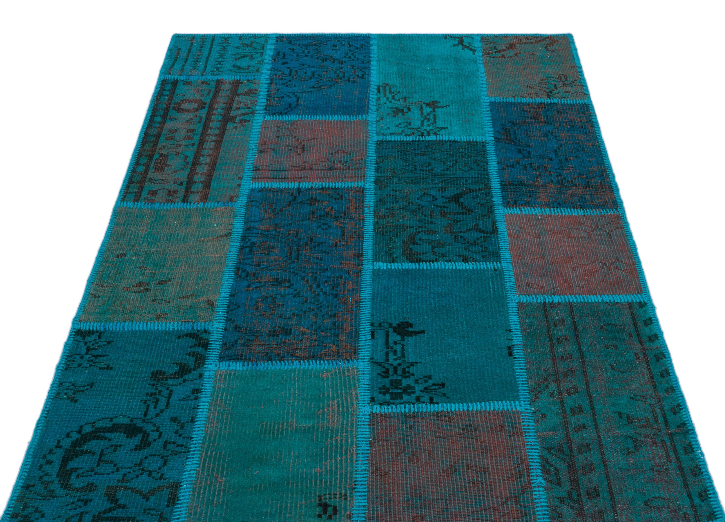 Turquoise  Over Dyed Patchwork Unique Rug 3'11'' x 5'11'' ft 120 x 180 cm