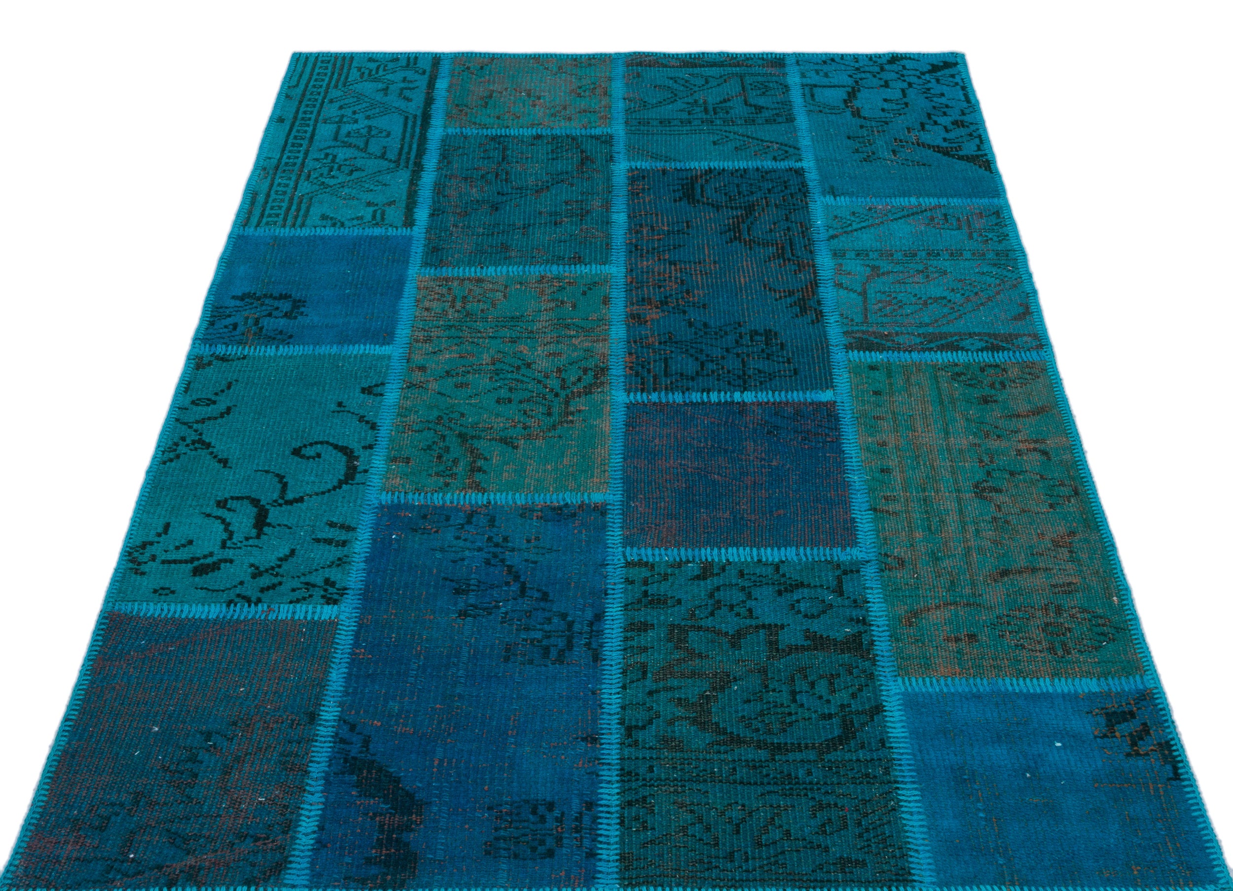 Turquoise  Over Dyed Patchwork Unique Rug 3'11'' x 5'11'' ft 120 x 180 cm