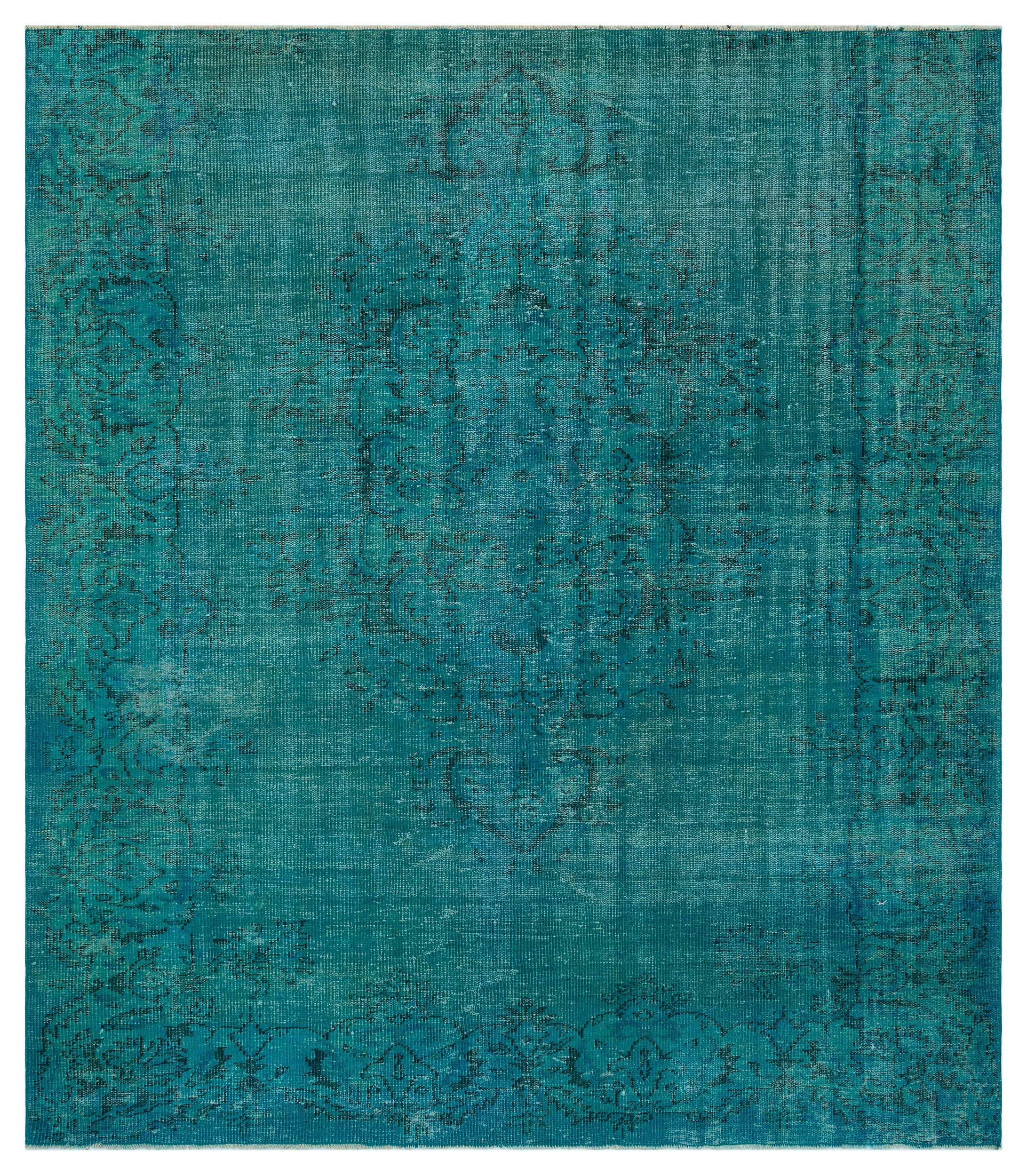 Traditional Design Turquoise Over Dyed Vintage Rug 7'4'' x 8'2'' ft 223 x 250 cm